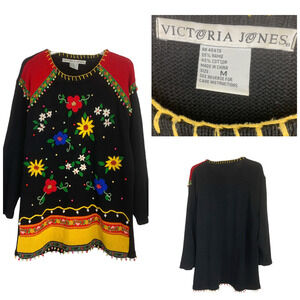 Vintage Victoria Jones Sz M Longline Ugly Floral Christmas Novelty Tunic Sweater